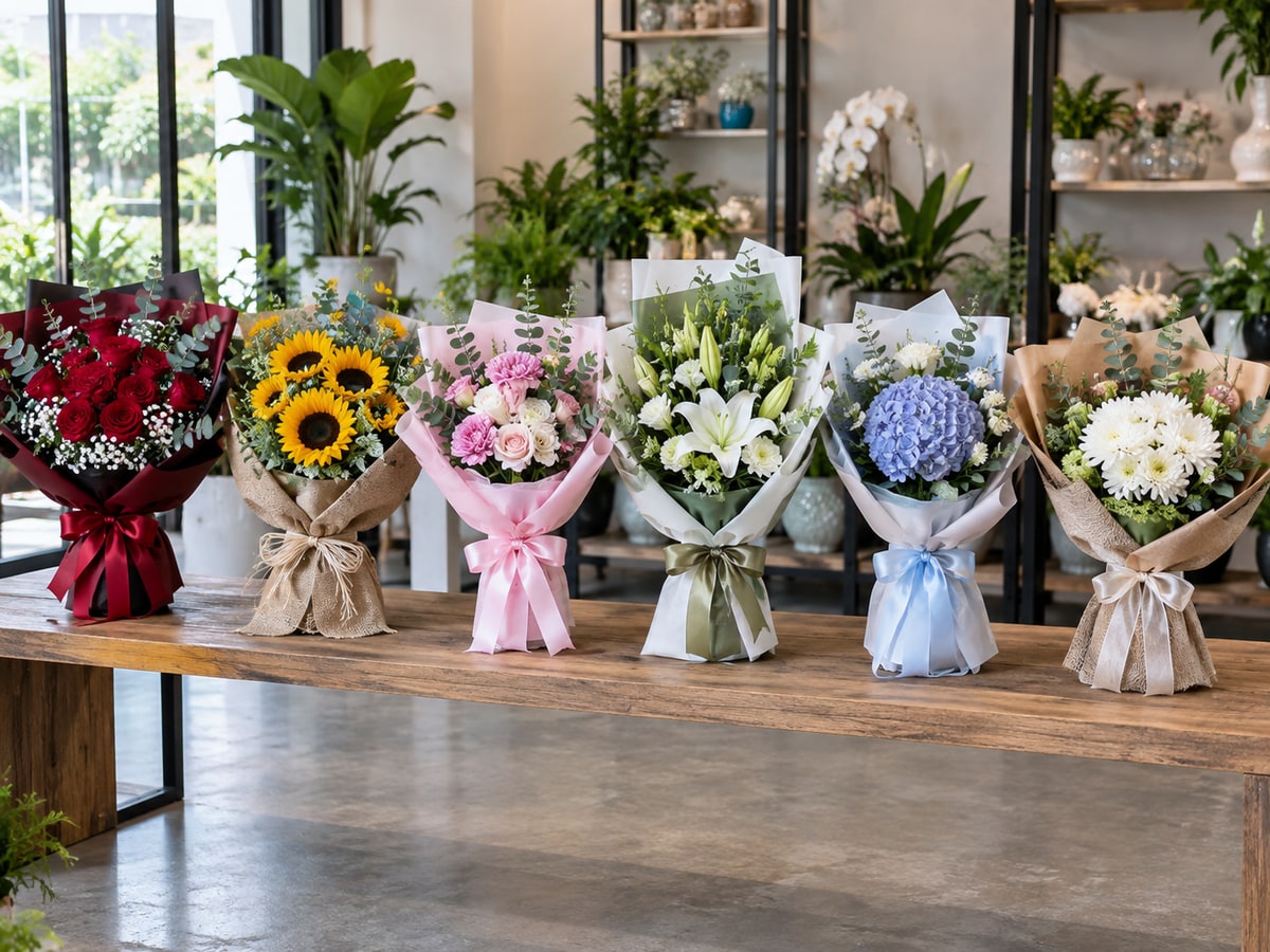 Different bouquets arranged by recipient at a Singapore florist