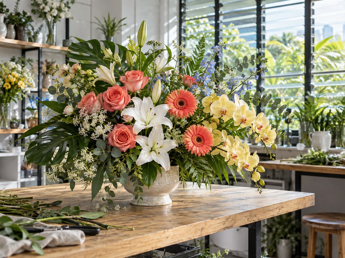 Fresh mixed flowers arranged in a sunlit Singapore florist studio