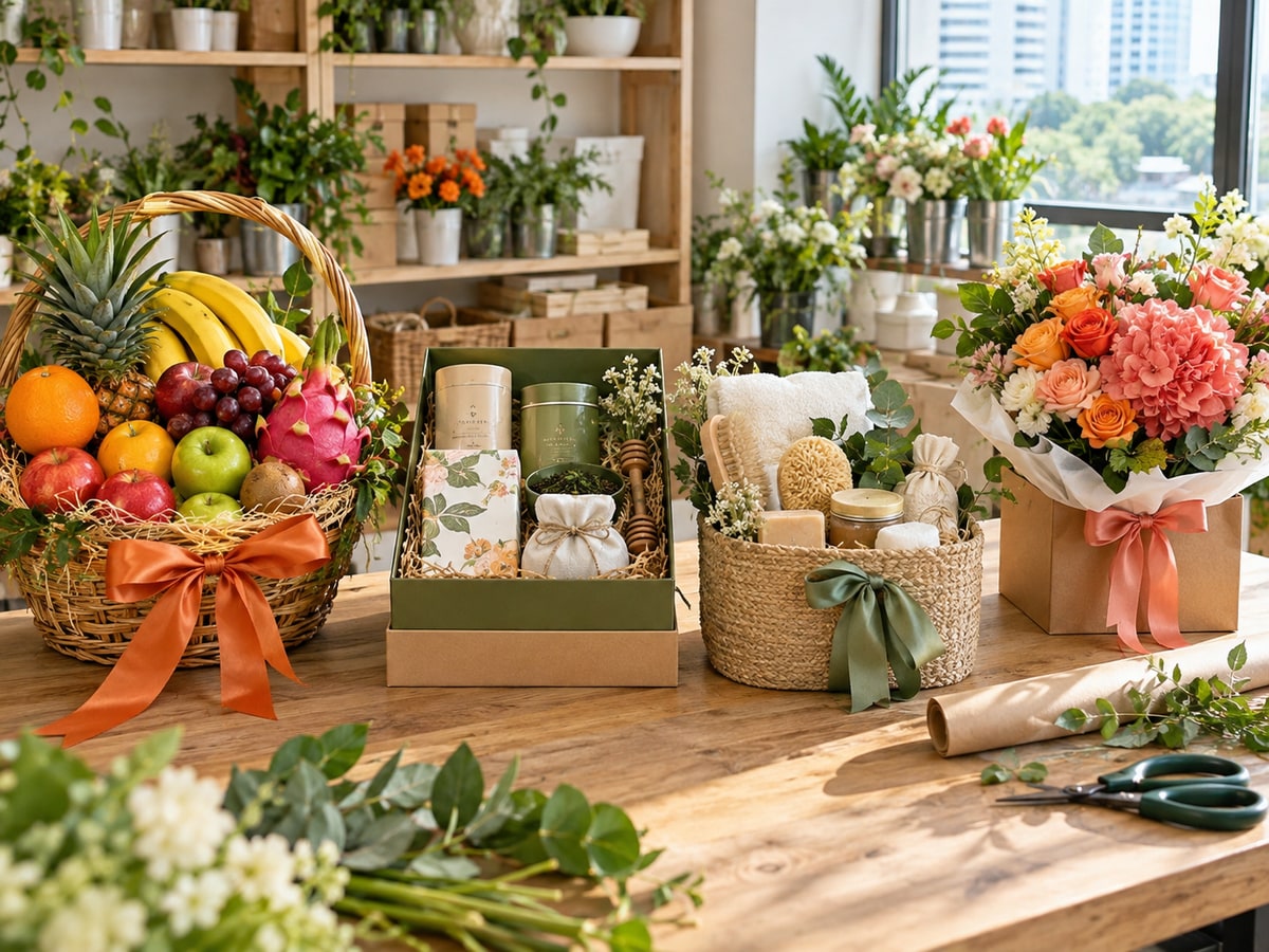 Fruit tea wellness and flower hampers at a Singapore gift studio