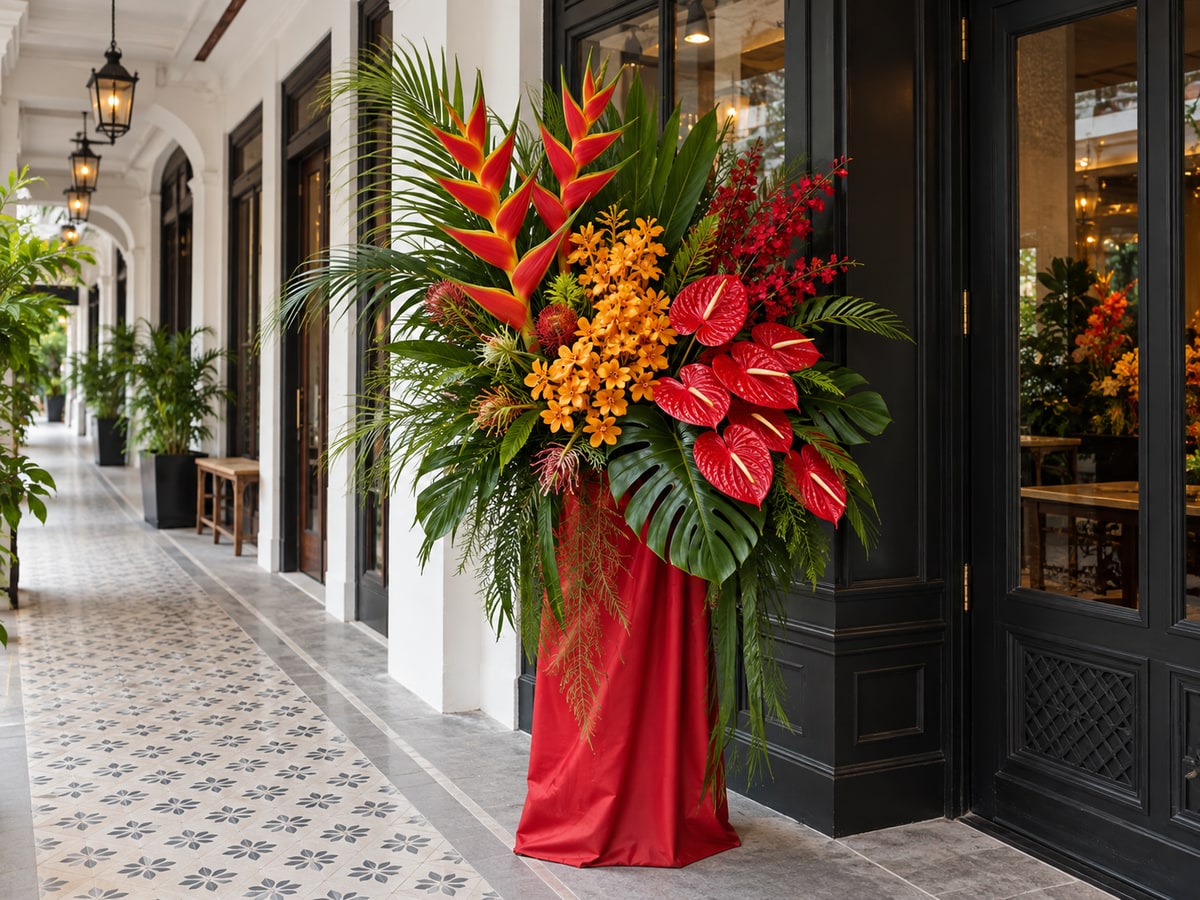Grand opening flower stand outside a Singapore shophouse