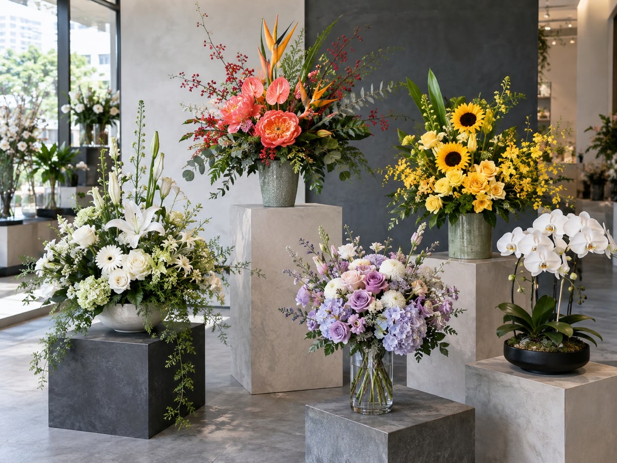 Flower arrangements for different occasions in a Singapore florist showroom
