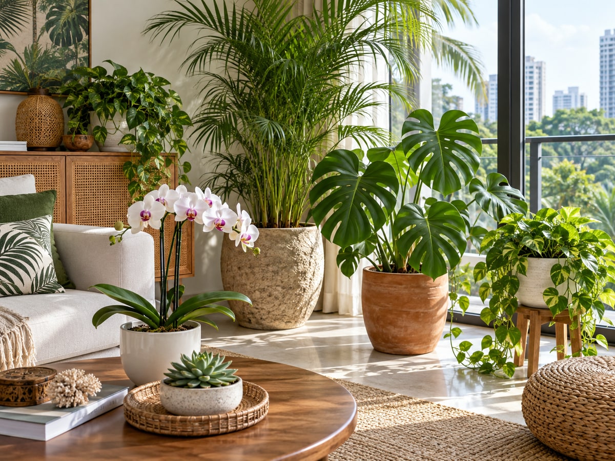 Varied indoor plants in a bright Singapore apartment