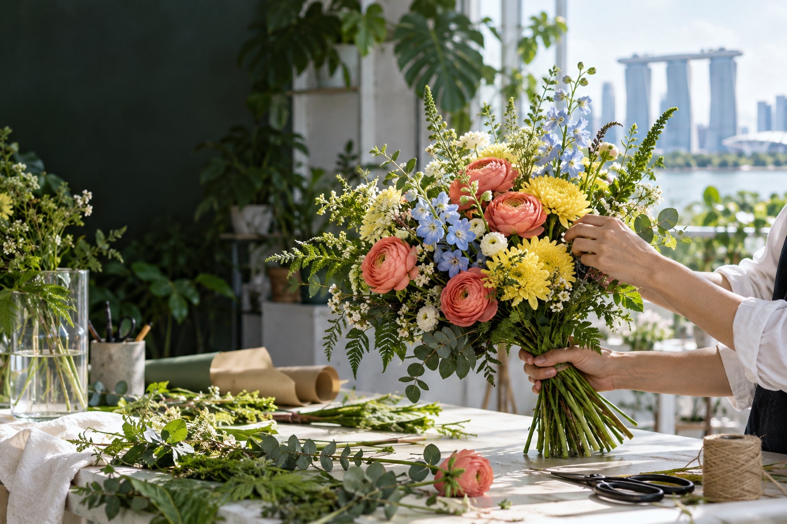 Fresh flowers being arranged on a florist's worktable